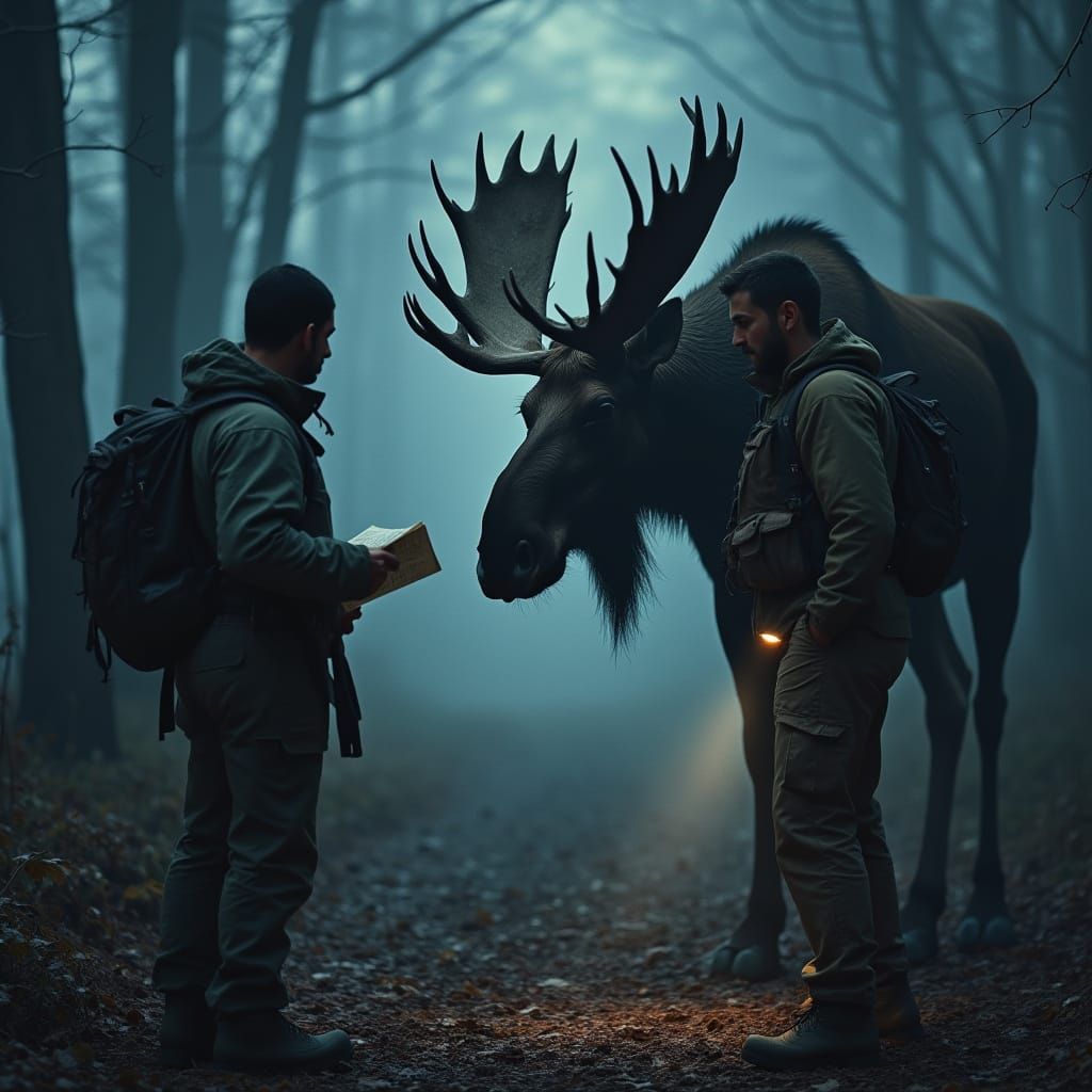 Two Men Encounter a Towering Moose in the Forest