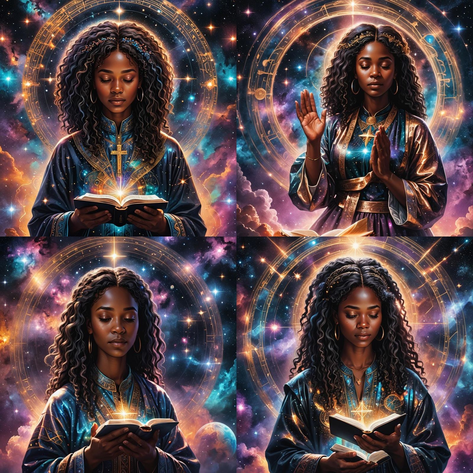 Woman Praying: Holographic Astral Cosmic Illustration