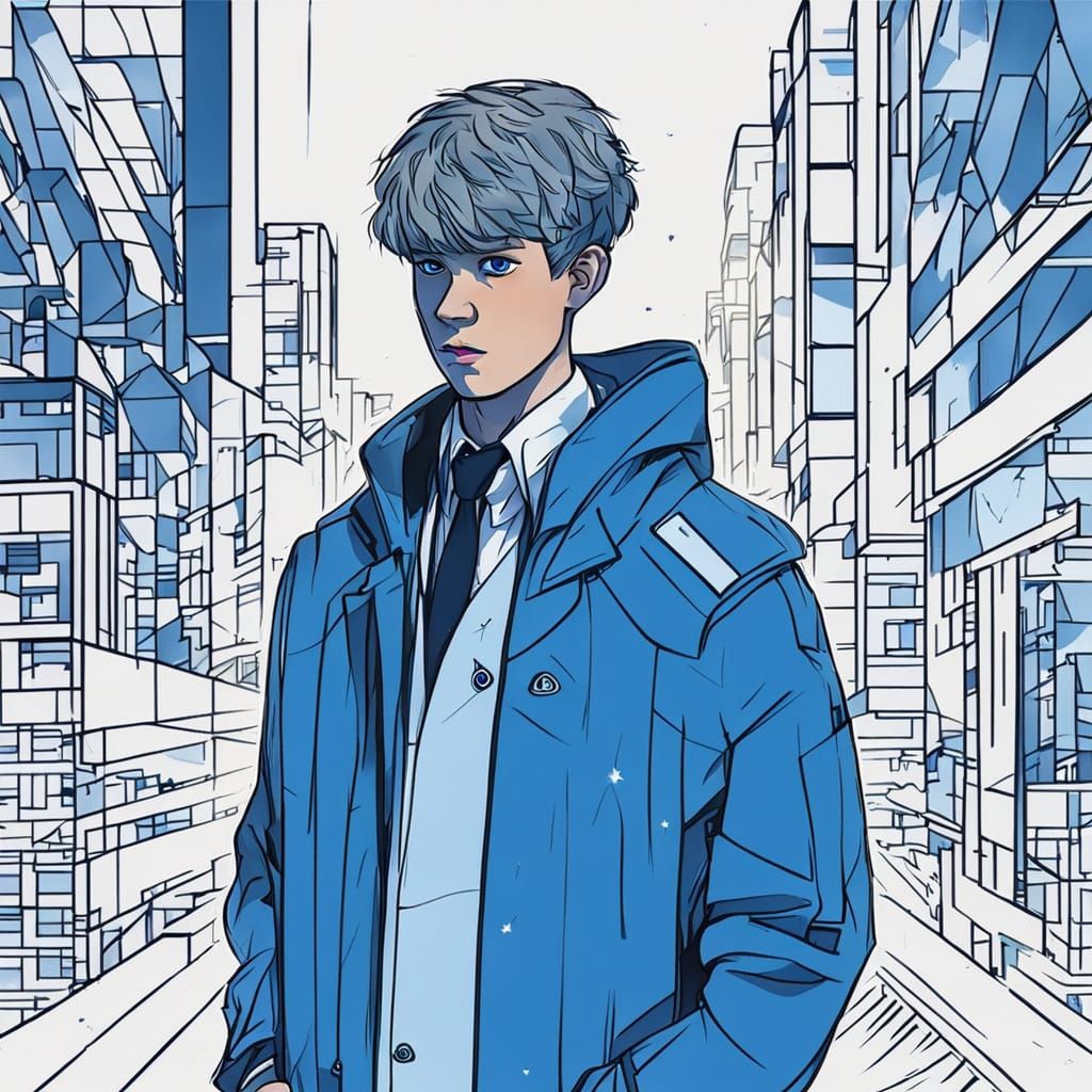 Boy in Blue Overcoat in Cyber City Portrait