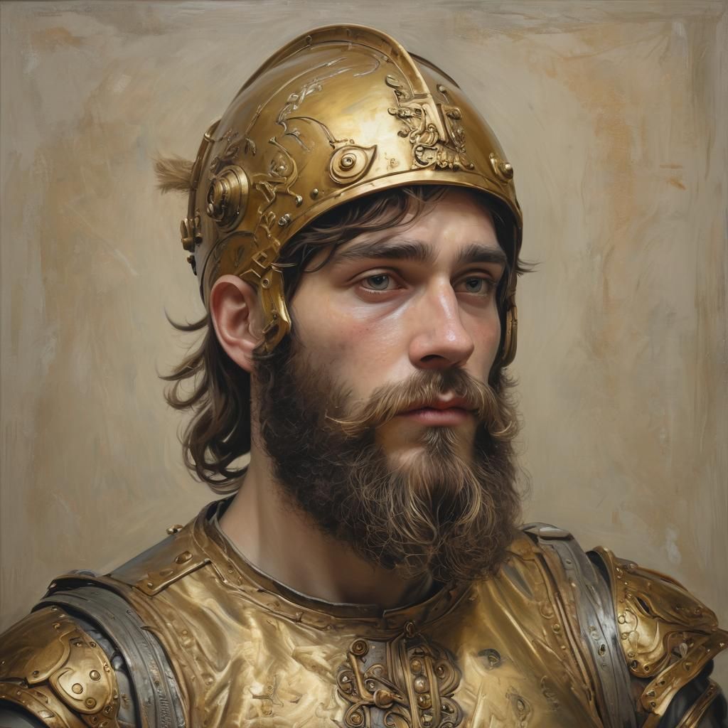 Young Warrior in Golden Helmet, Oil on Canvas