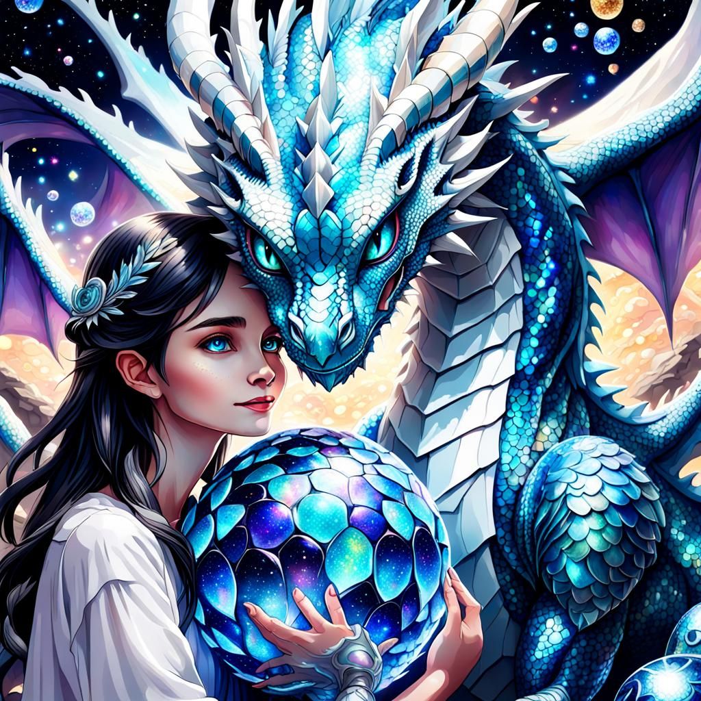Dragon Mother Protecting Eggs in Cosmic Holographic Style