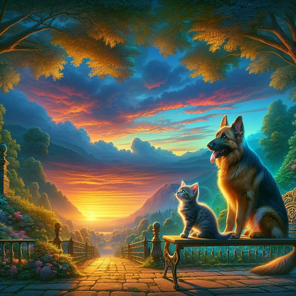 Serene Sunset Park Scene in Whimsical Concept Art