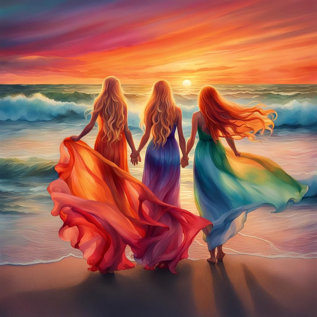 two beautiful women standing on a beach with long flowing ha...