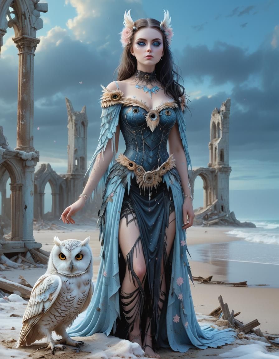 Gothic Owl Woman in Beach Ruins, Digital Painting