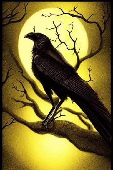Dark Crow Portrait on Lush Tree, Fantasy Art