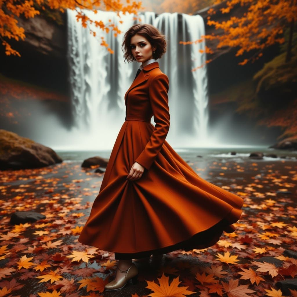 Victorian Woman Dancing in Autumn Leaves by Waterfall