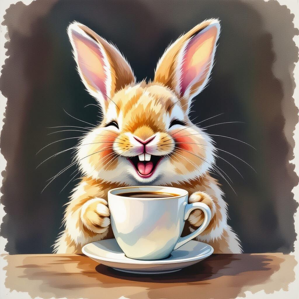 Happy Rabbit with Coffee: Watercolor Illustration