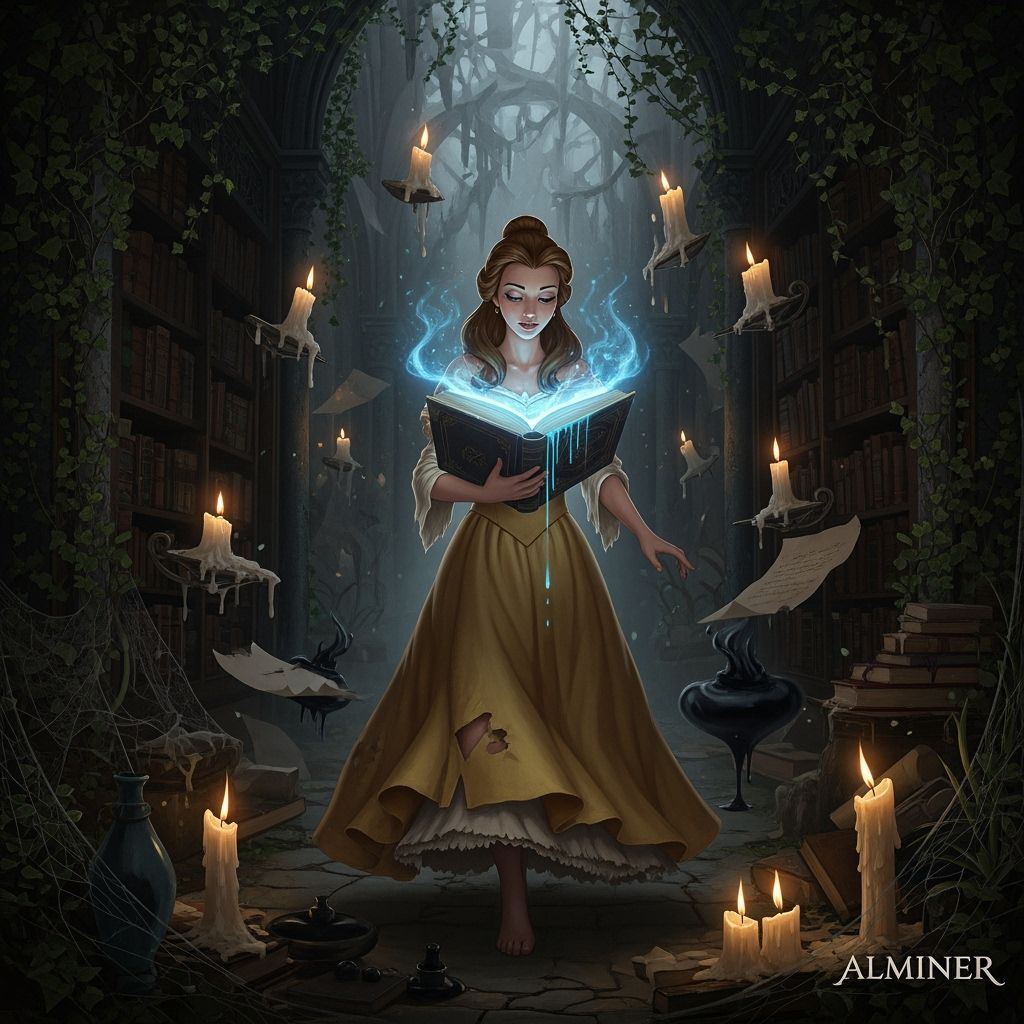 Belle in Gothic Library with Glowing Book