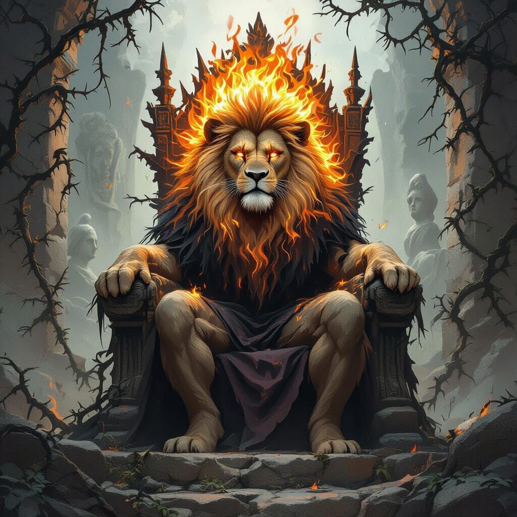Fiery Lion King on Rocky Throne, Dark Fantasy Art