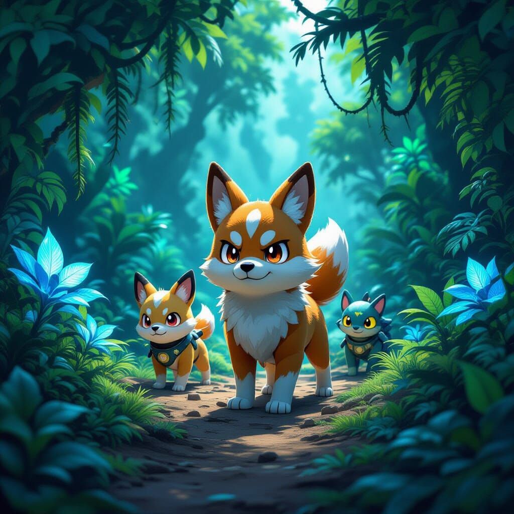 Pokémon Team Navigating Alien Jungle in CGI Style
