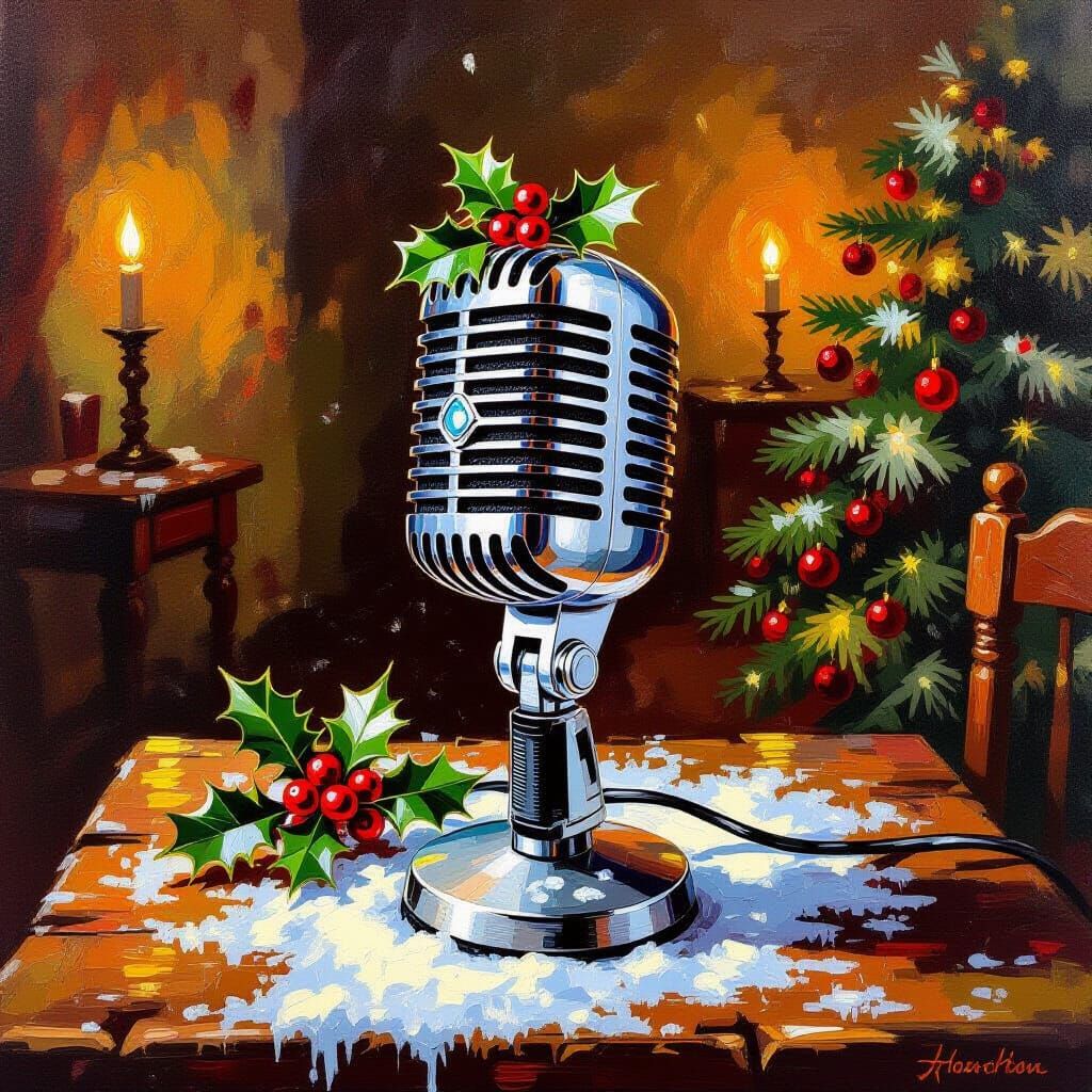 Vintage Christmas Microphone on Snowy Table in Gouache Style