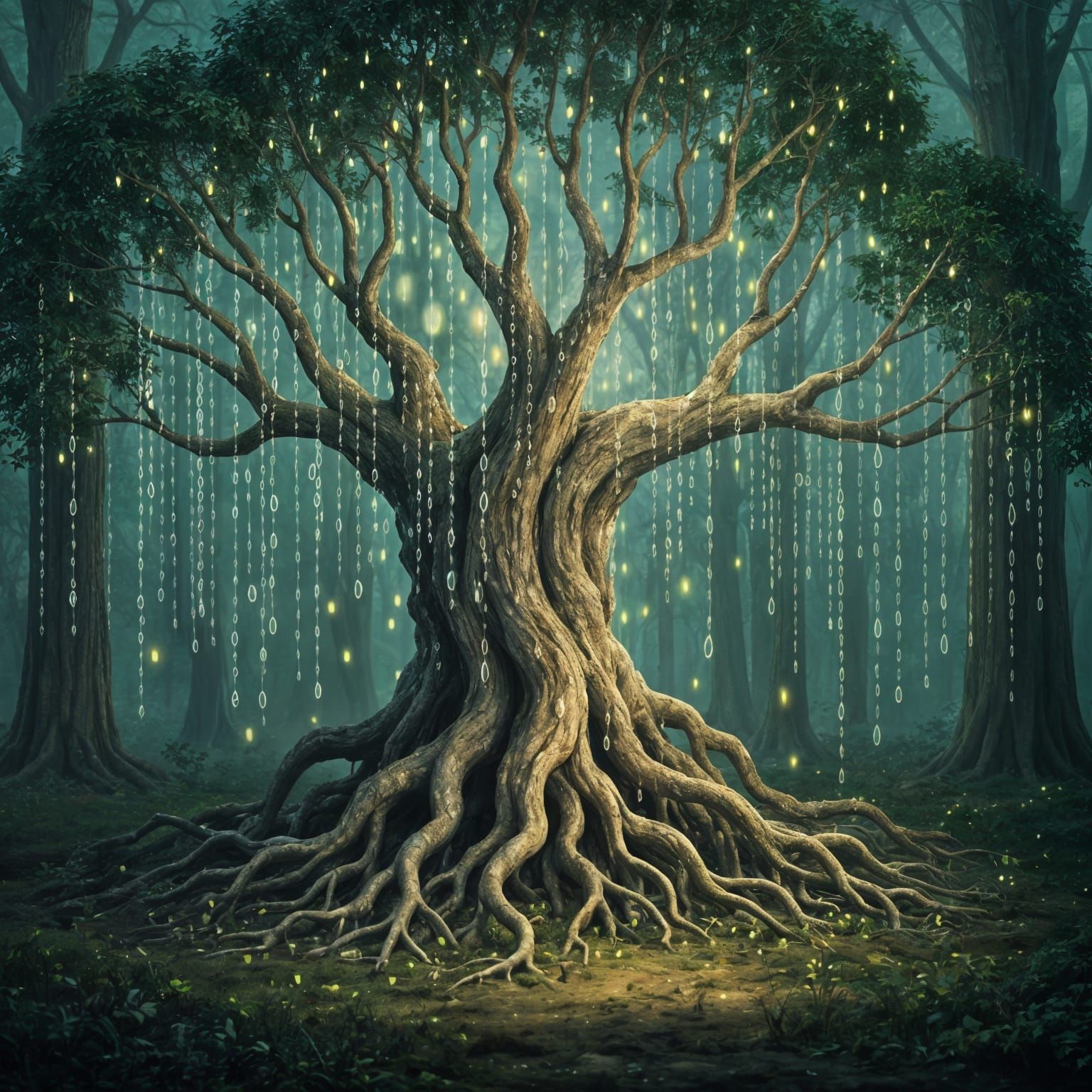 Digital Tree of Binary Code in Mystical Forest