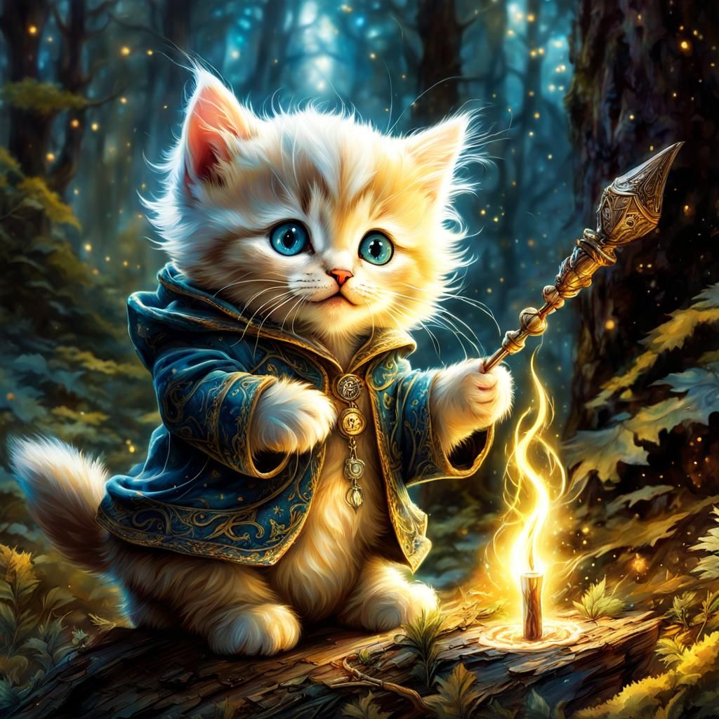 Magical Kitten Wizard Casting Spell in Forest