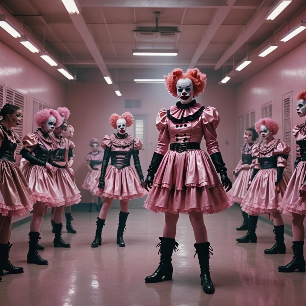 Eerie Clowns in Leather Boots: A Cinematic Film Still