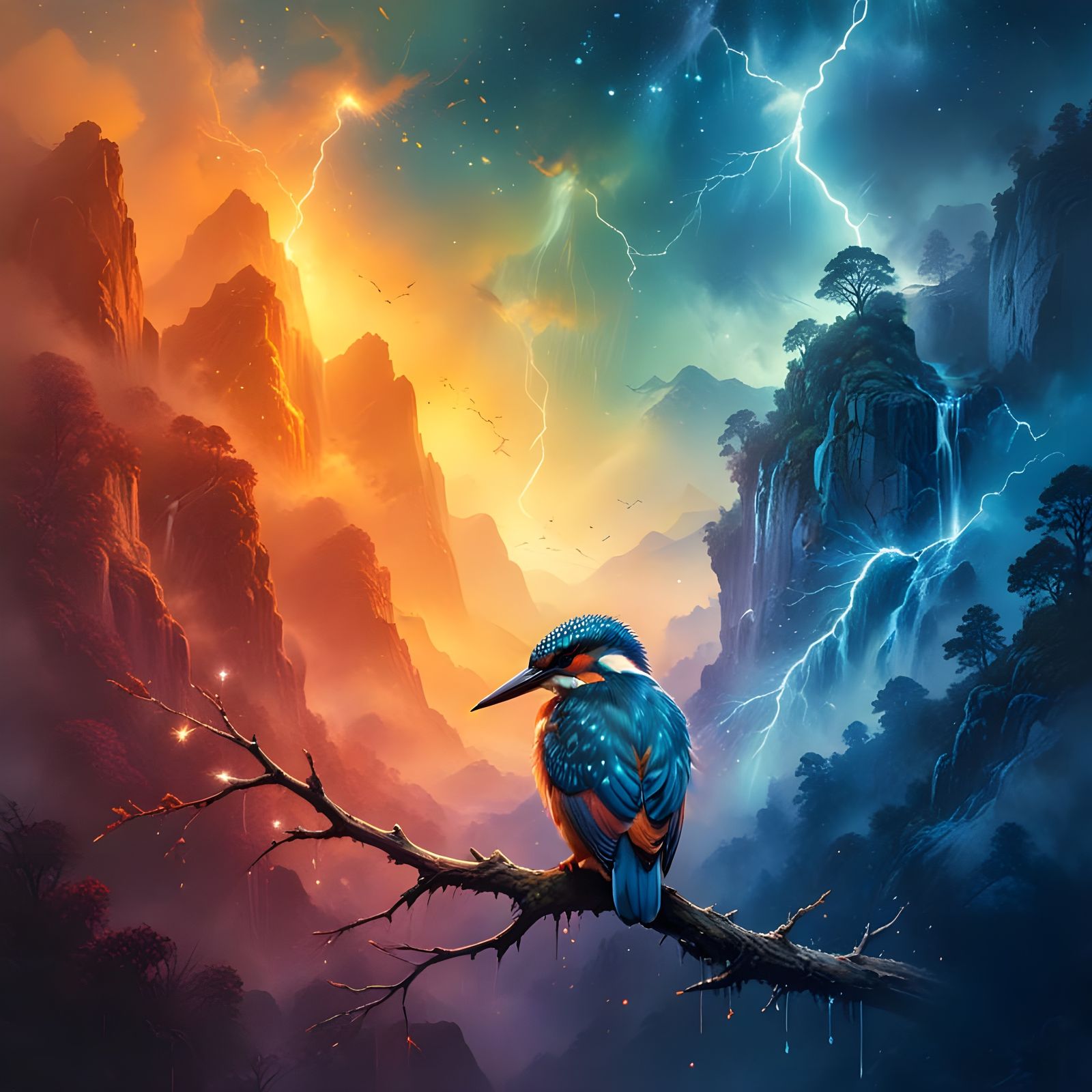 Majestic Kingfisher in Ethereal Nighttime Landscape