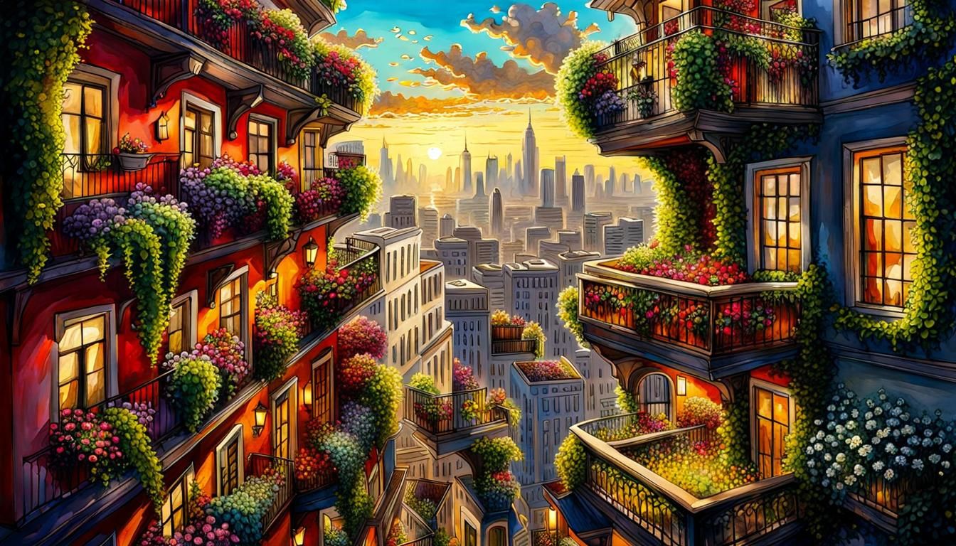 Vibrant Urban Hanging Gardens in Dramatic Lighting