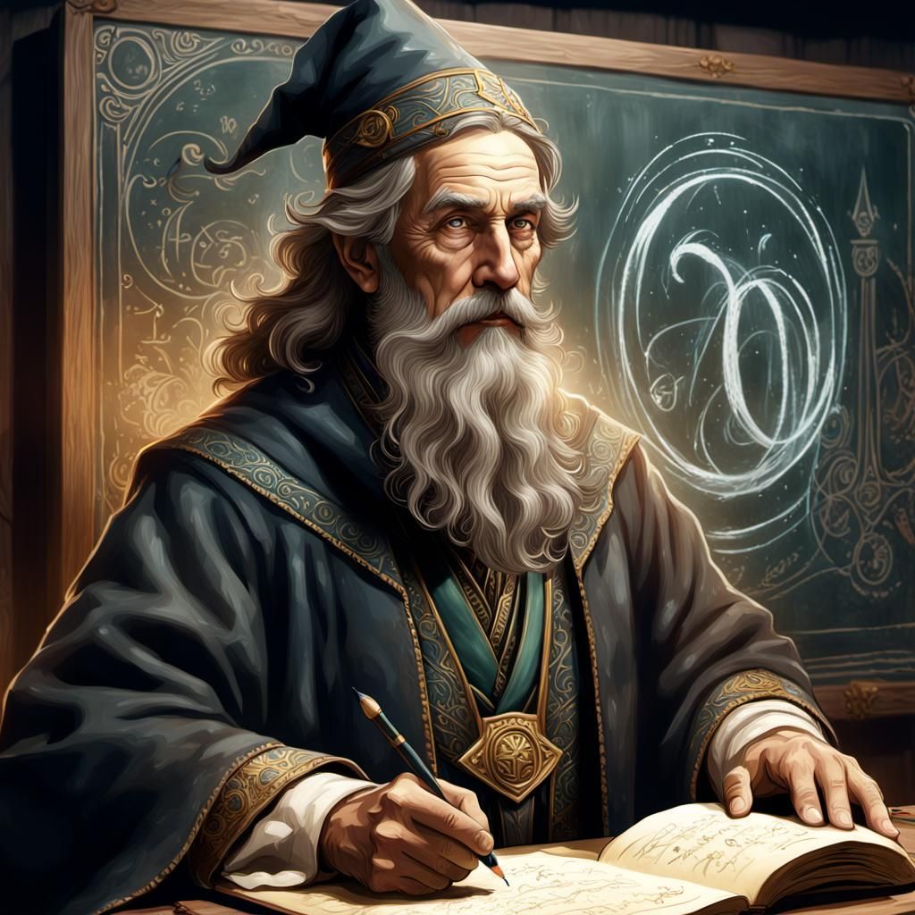 Ancient Wizard Writes ABCs: Detailed Digital Portrait