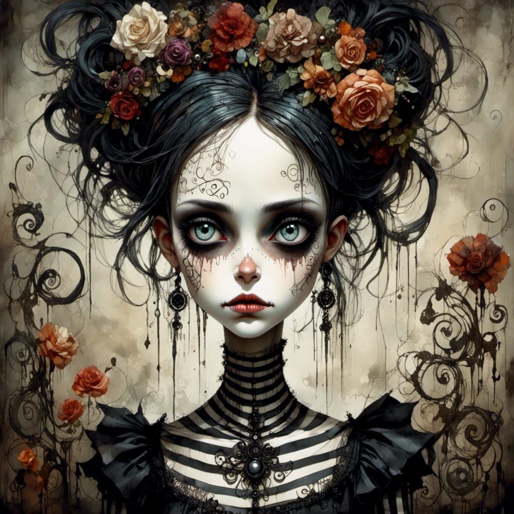 Beautiful Punky Woman with Death Mask and Flowers