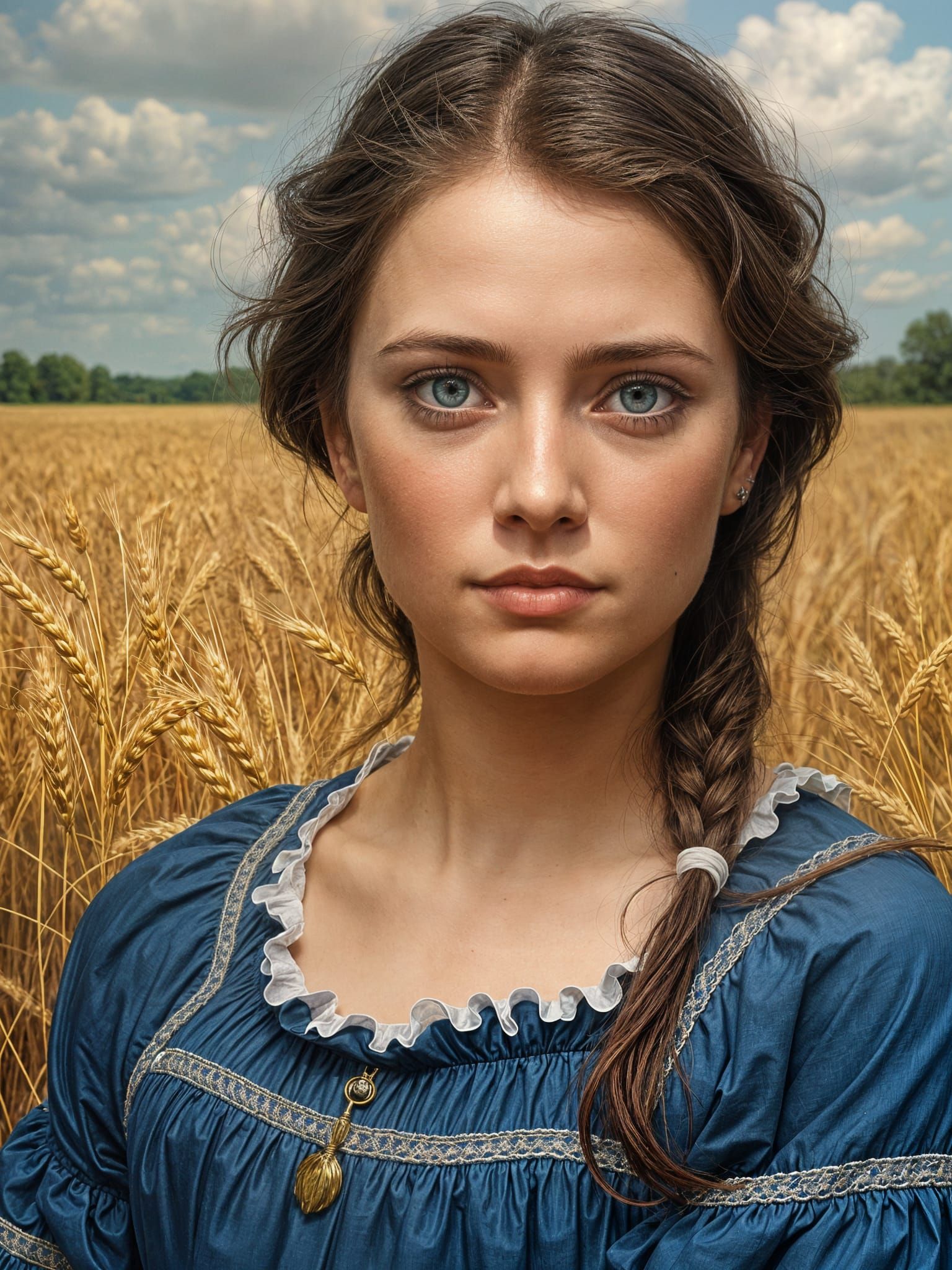 Beautiful Woman in Wheat Field, Oil Painting Style