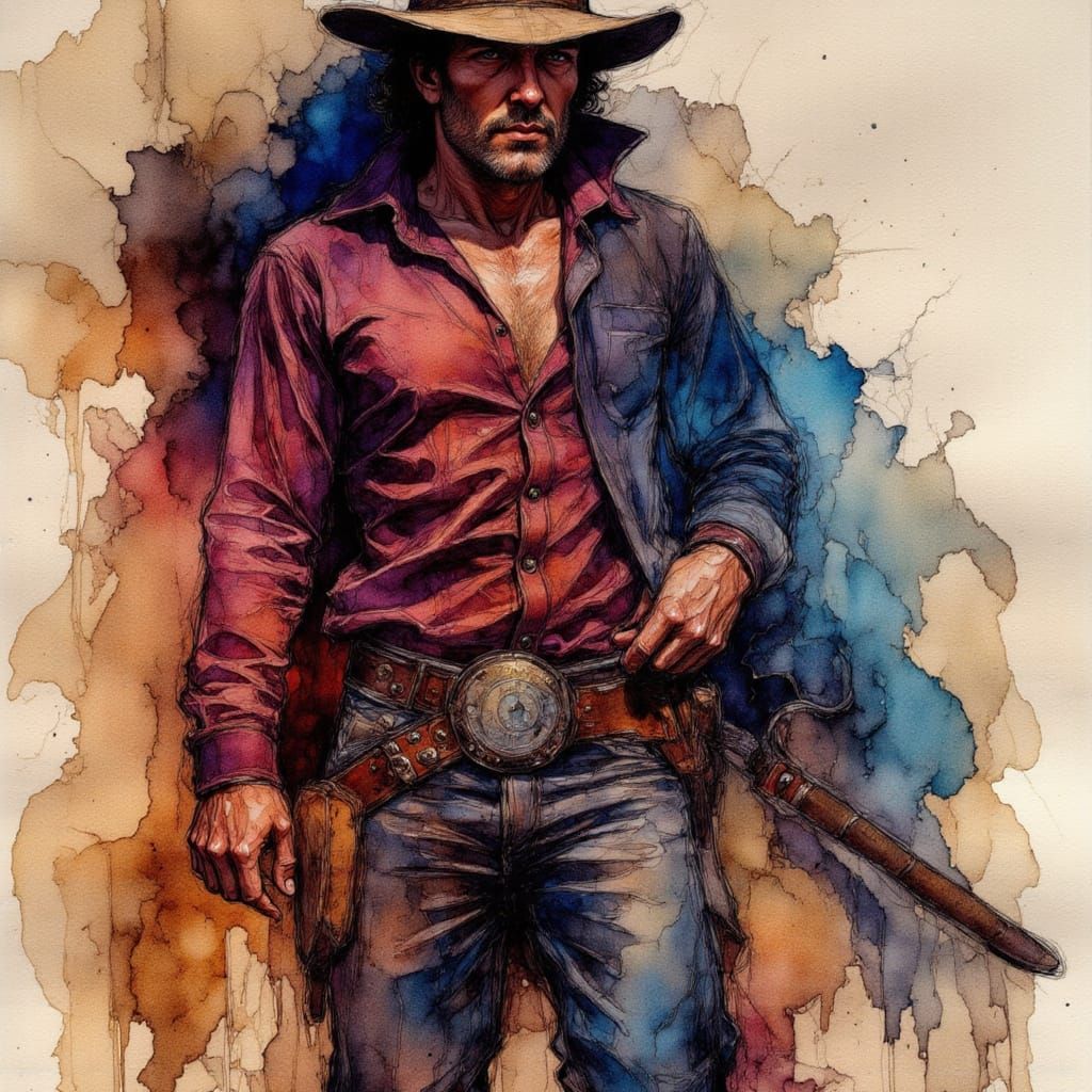 Cowboy Alcohol Ink Sketch in Tenebrism Style