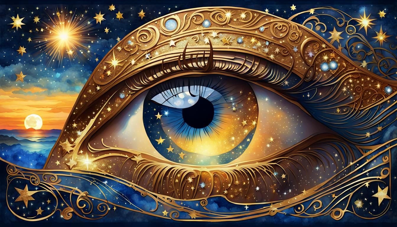 Sparkling Eye Reflecting Sunset in Art Nouveau Style