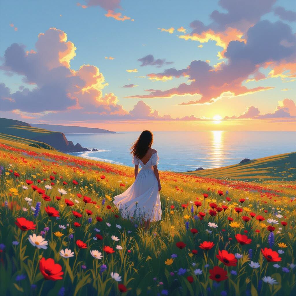 Woman in Wildflowers Overlooking Calm Ocean