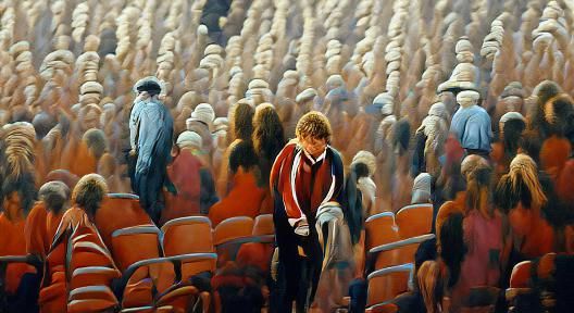 Solitary Figure in Crowded Scene as Oil Painting