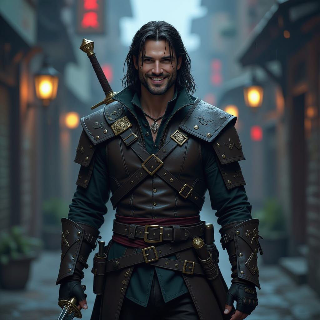 Charming Rogue in Cyberpunk Alley: Digital Illustration