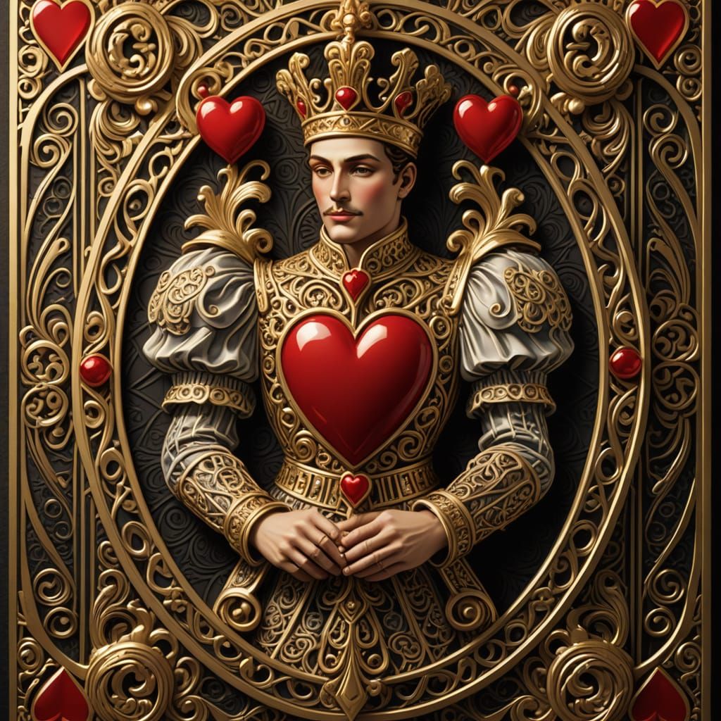 Art Deco Jack of Hearts With Ornate Gold Filigree