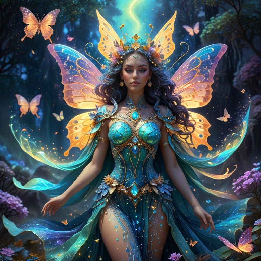 Enchanted Fae Empress with Butterfly Wings in Neon-Lit Celes...