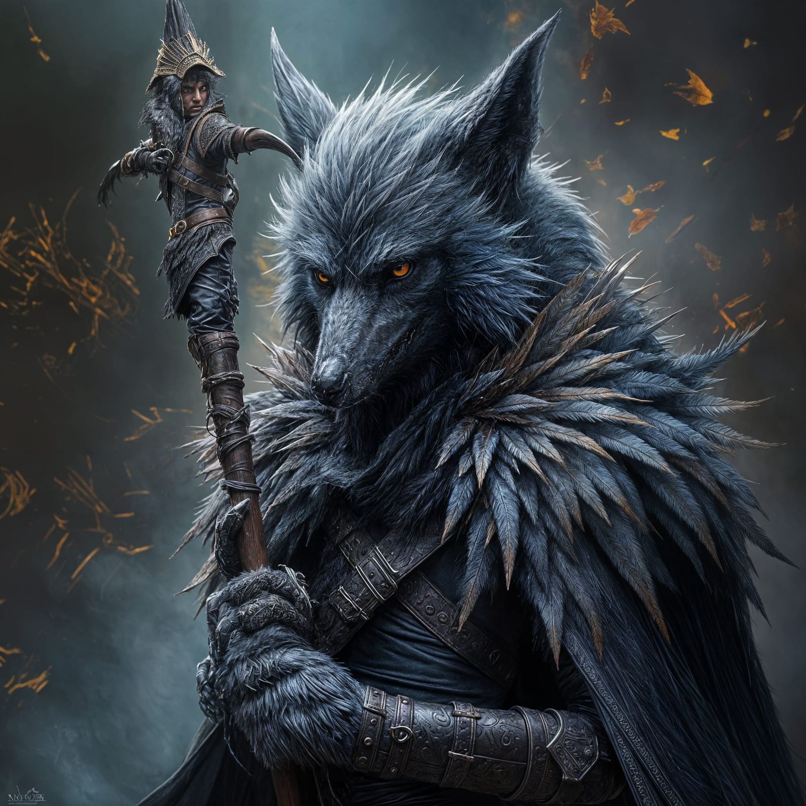 Hyperrealistic Werewolf Raven in Leather Armor