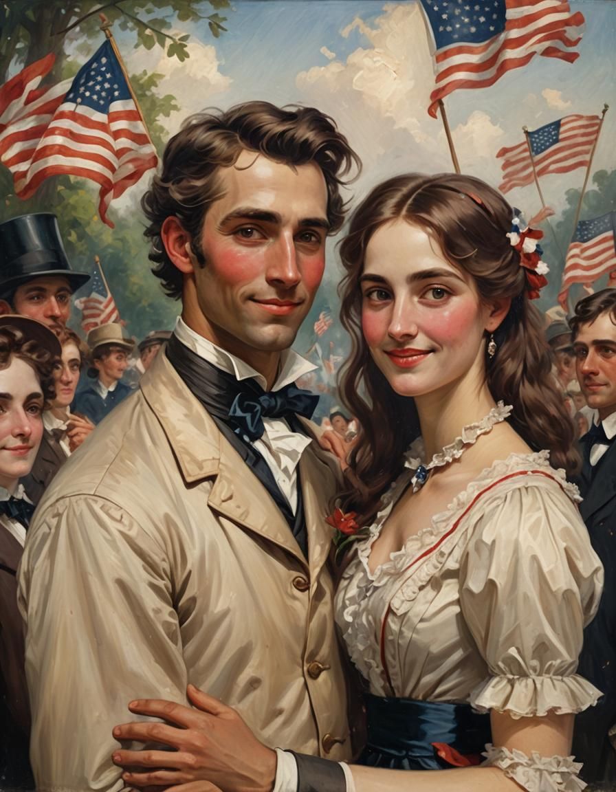 A young Victorian couple at a Fourth of July party, shy smile full of love, half body portrait, oil on canvas