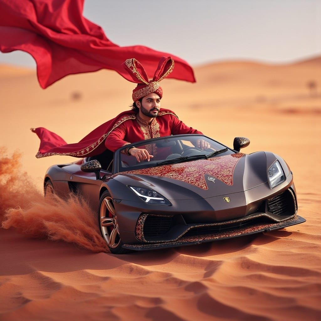Boy Driving Luxury Car in Desert Landscape