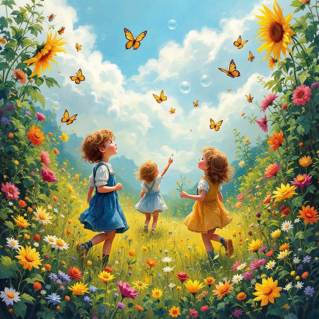 Children's Whimsical Meadow in Impasto Gouache Style