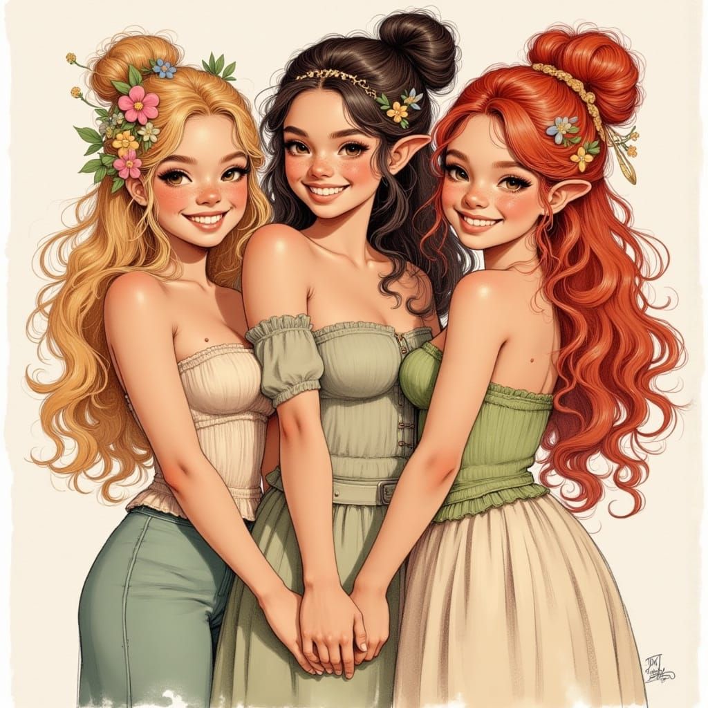 Three Women in Vibrant Airbrush Illustration