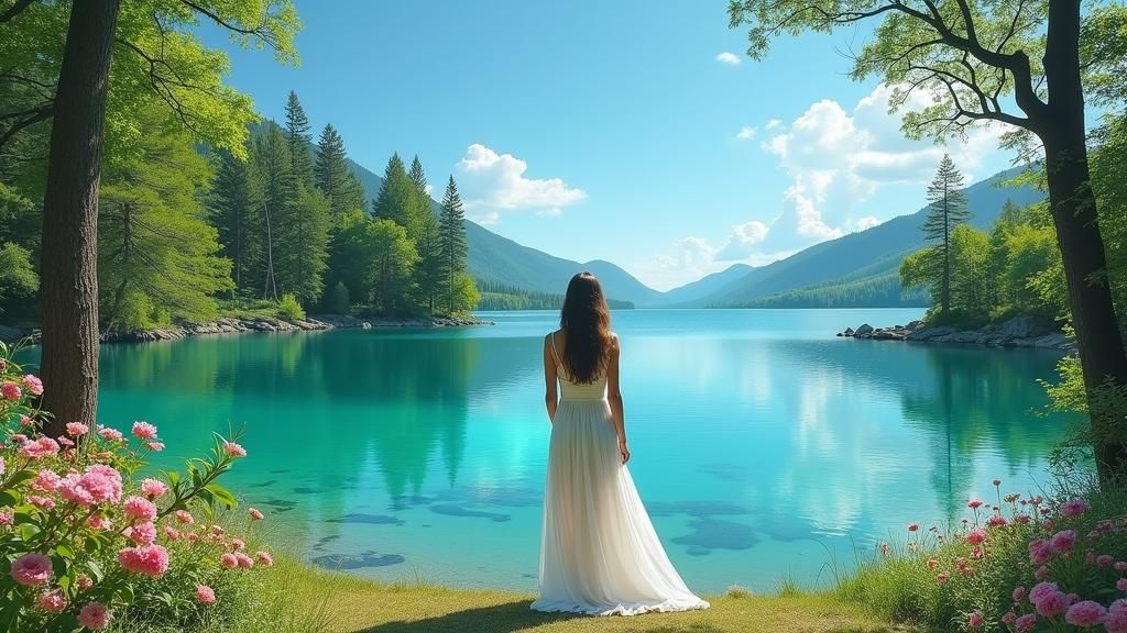 Woman at Turquoise Lake in Romantic Style