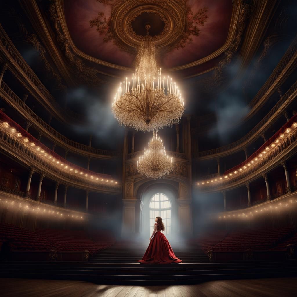 Opera Hall with Chandelier and Woman on Stage