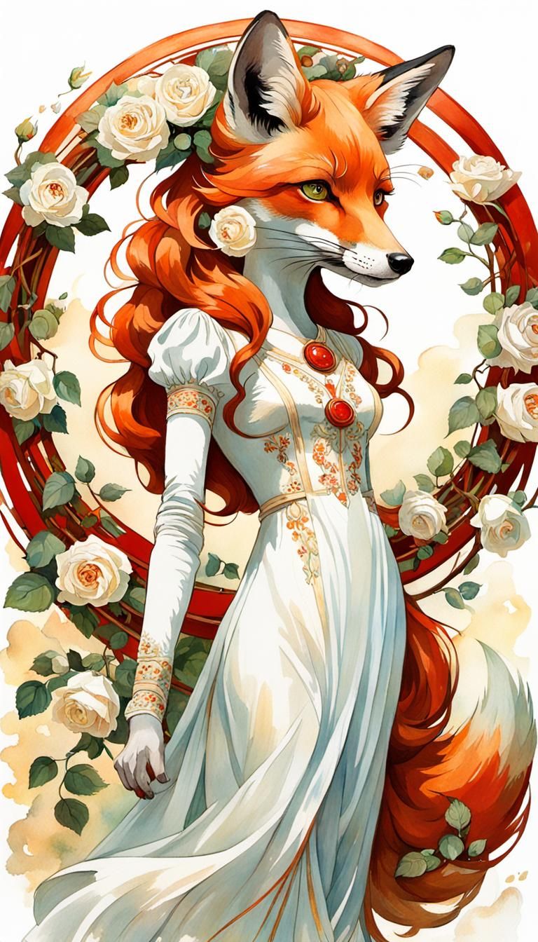 Art Nouveau Fox with Rose Crown