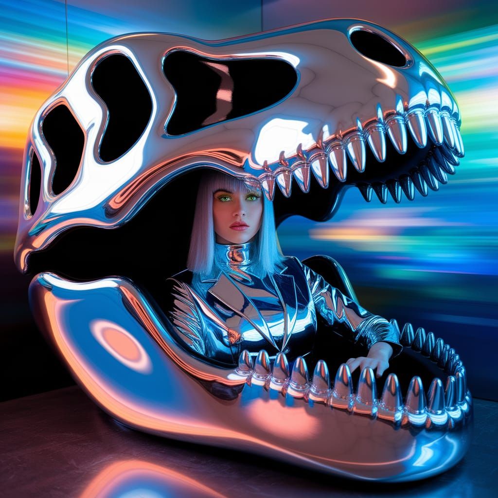 Elegant Lady in Chrome Dinosaur Skull Bedframe
