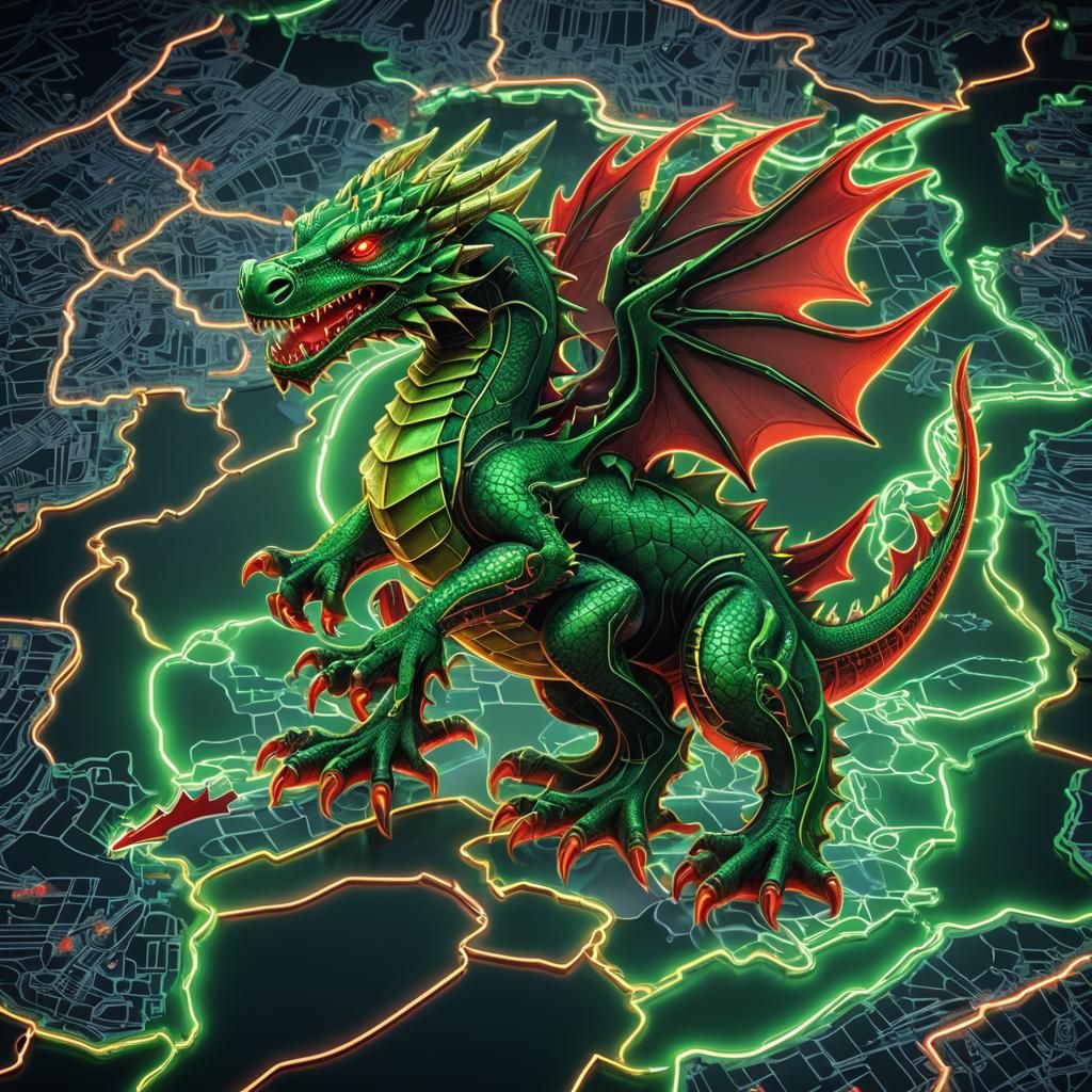 Cyberpunk Welsh Dragon on Neon Map