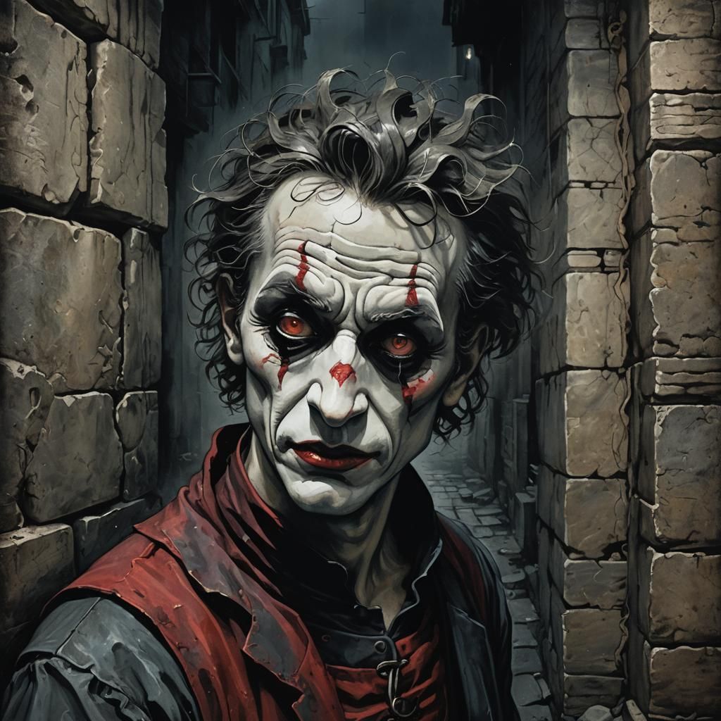 Grotesque Mime in Dark Alley: Gothic Horror Illustration