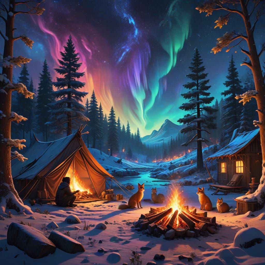Winter Wonderland Campsite with Joyful Animals