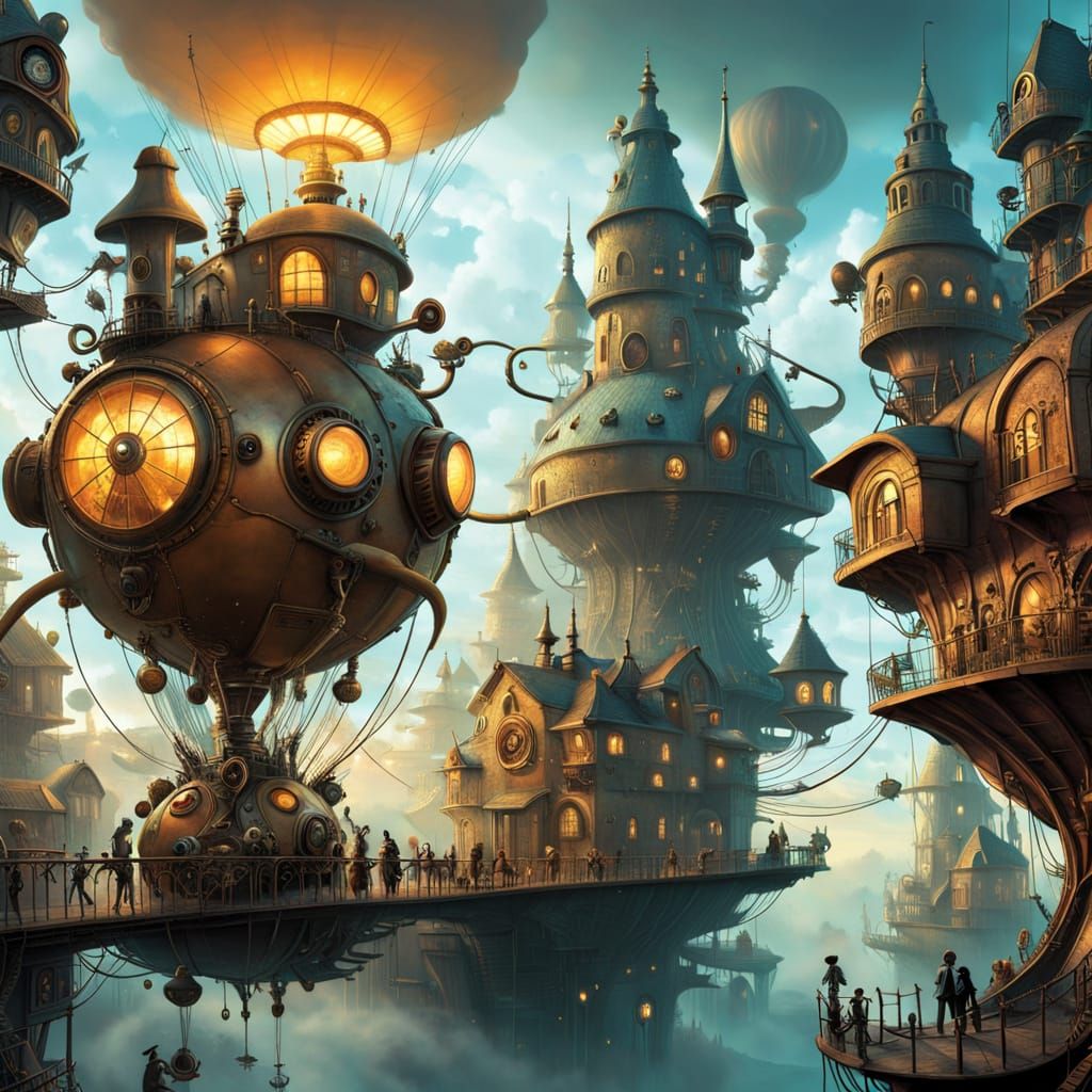 Whimsical Steampunk Landscape with Wacky Buildings and Mythi...
