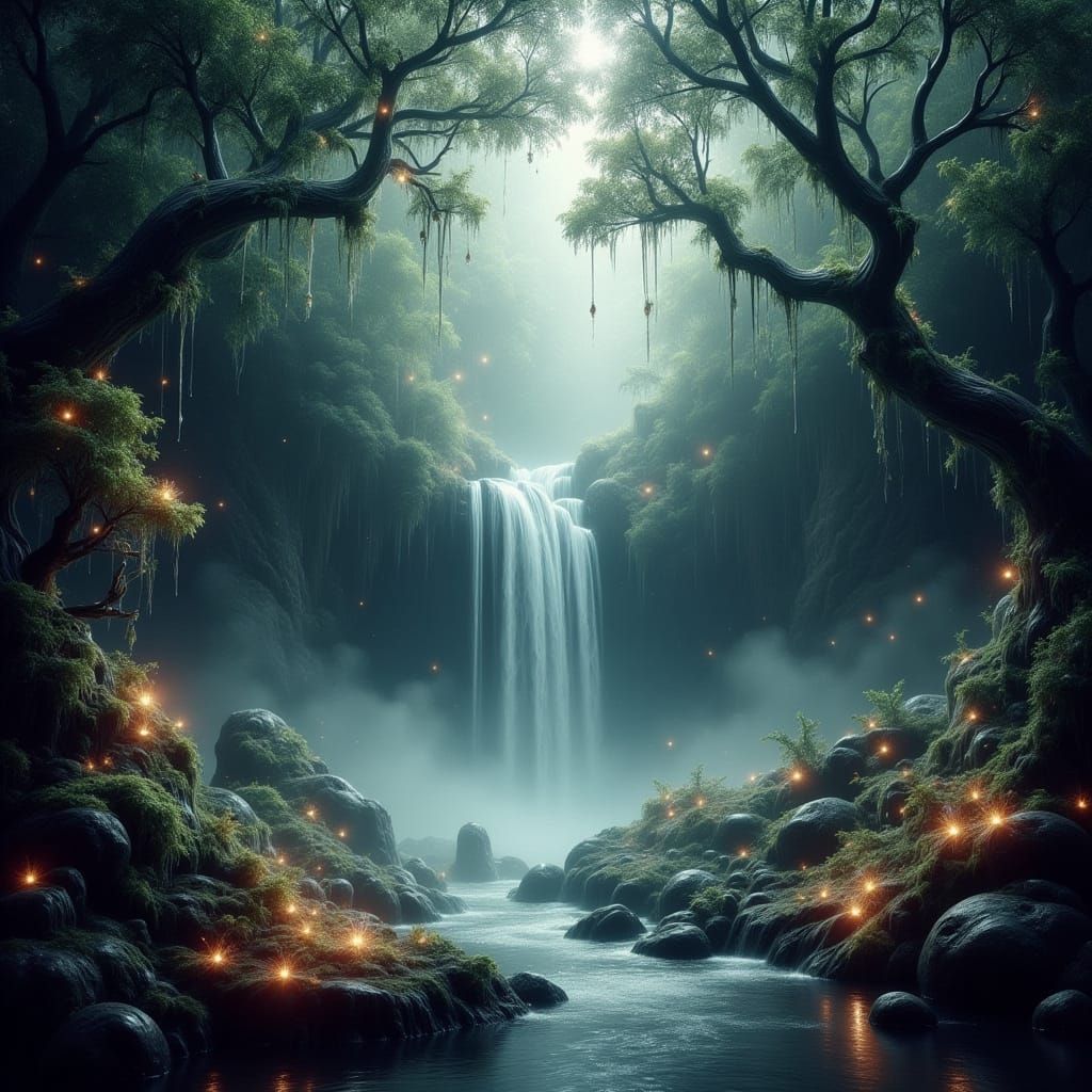 Mystical Glowing Forest Waterfall in Digital Art Style