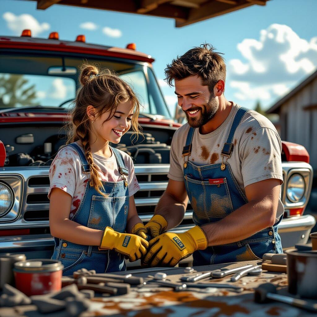Father and Daughter Repairing Truck, Hyper-Realistic Style