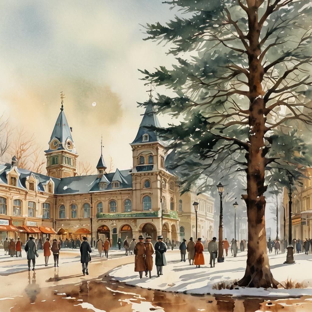 Victorian Town in Watercolor Gouache Style