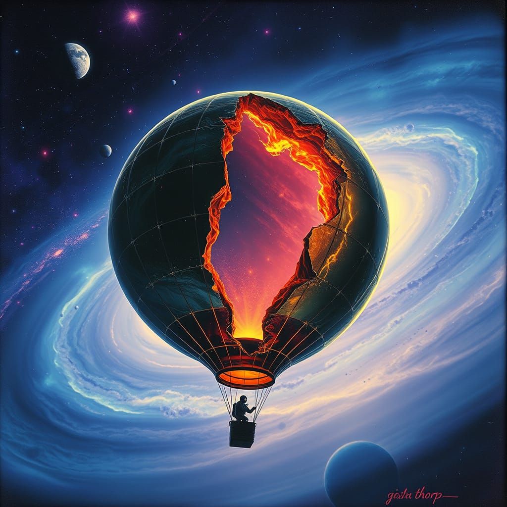 Surrealist Glass Planet Hot Air Balloon in Cosmic Storm