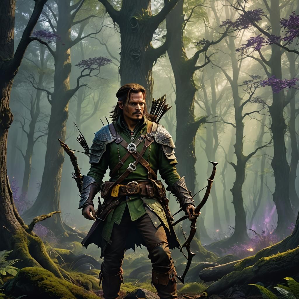 Fantasy Ranger Hunts in Misty Forest, Digital Art