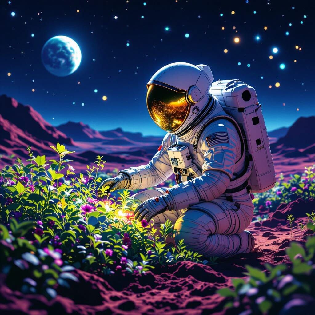 Bioluminescent Garden on Mars with Lone Astronaut