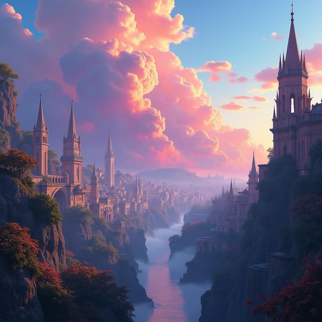 Colorful Cityscape Under Fantasy Cloud Sky